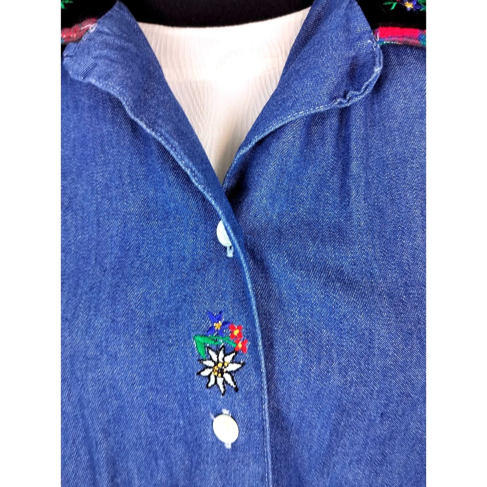Vintage Denim Shirt Madison Avenue Cotton Velvet Trim Womens Large Blue Floral - Picture 3 of 8